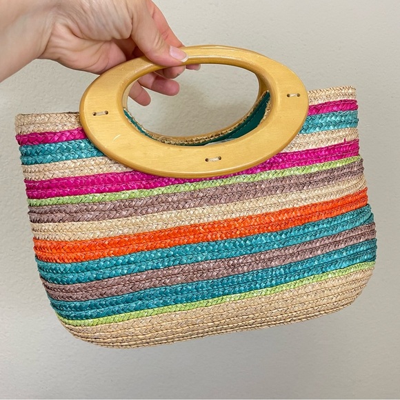 MULTICOLOR STRIPED SMALL STRUCTURED STRAW SUMMER PURSE - Picture 3 of 8